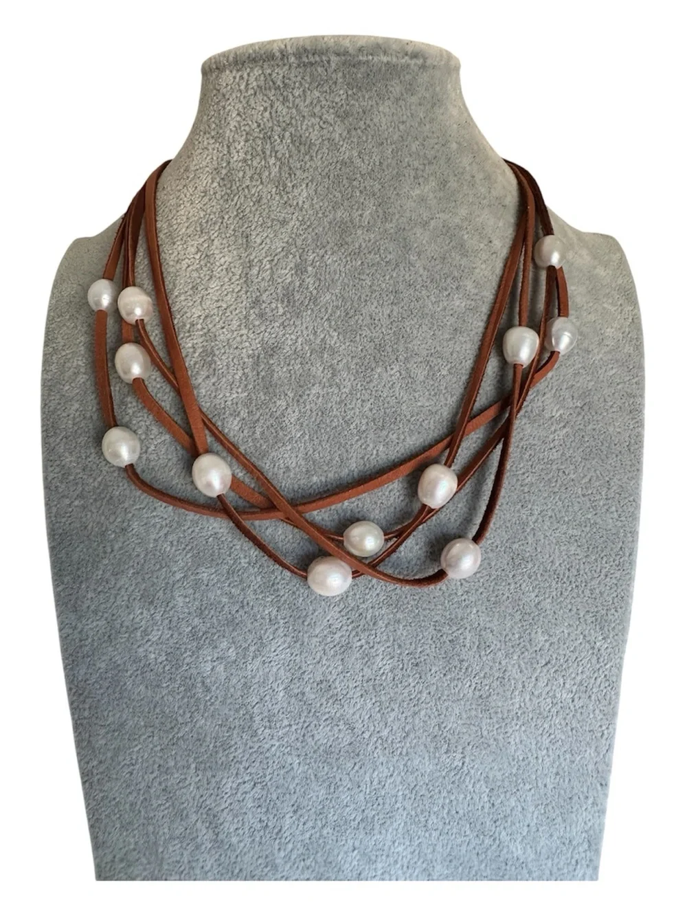 Sundance Brown Suede Leather Multi-Strand Necklace with White Pearls NEW - Picture 1 of 9